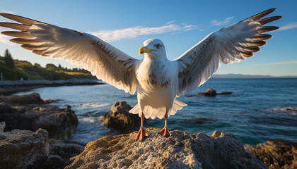 Seagull flying freely, wings spread, beauty in nature tranquility generated by AI