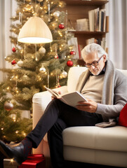 An old man was sitting on the sofa reading a book on Christmas Day