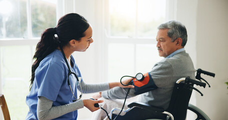 Man, caregiver and senior in wheelchair for blood pressure, monitoring or elderly care at old age home. doctor or medical nurse checking BPM of mature patient or person with a disability at house - obrazy, fototapety, plakaty