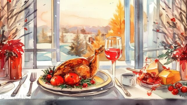 Christmas festive dinner with fried poultry and glasses of wine. New Year and Christmas.