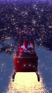 雪の舞う聖夜の空を駆けるサンタクロースのソリ / 縦構図動画 / 幻想的なホワイトクリスマスのモーションイメージ / 3Dレンダリング