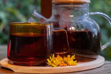 Calendula tea still life on table in green garden background. Healthy hot drink benefits. Natural...