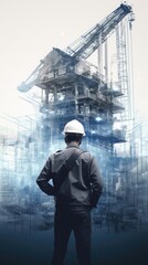 Image capturing a construction worker in a hard hat, set against a faded collage backdrop of industrial tools, construction equipment, and job sites, conveying the essence of the construction industry