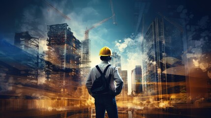 Image capturing a construction worker in a hard hat, set against a faded collage backdrop of industrial tools, construction equipment, and job sites, conveying the essence of the construction industry