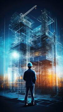 Image capturing a construction worker in a hard hat, set against a faded collage backdrop of industrial tools, construction equipment, and job sites, conveying the essence of the construction industry