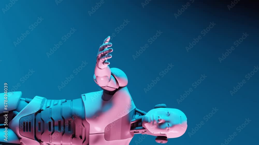 Poster golden dollar coin displayed by right arm of virtual robotic being vertical