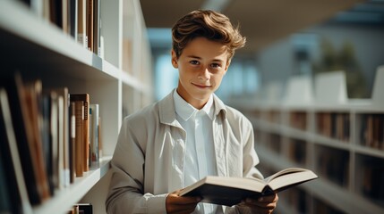 A young guy intellectual studies books in a school library. A thirst for knowledge, the world of science and new discoveries for a new generation. Books instead of smartphone