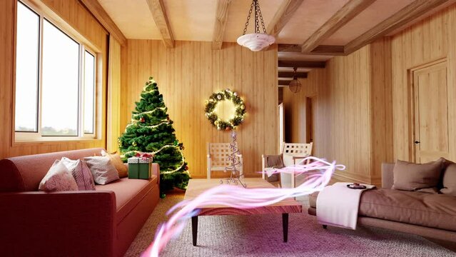 Glowing line moving through a Xmas decorated living room - 3D Interior design