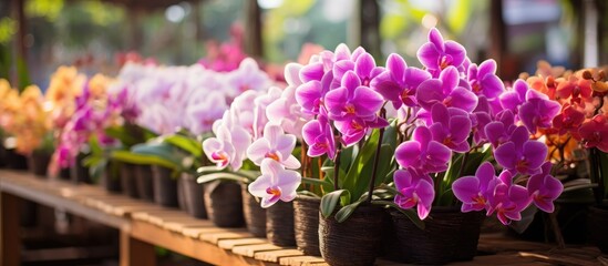 Colorful orchids bloom in an orchid farm in Hanoi Vietnam Asia - obrazy, fototapety, plakaty