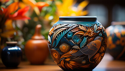 An ornate terracotta vase with a floral pattern on a wooden table generated by AI - obrazy, fototapety, plakaty
