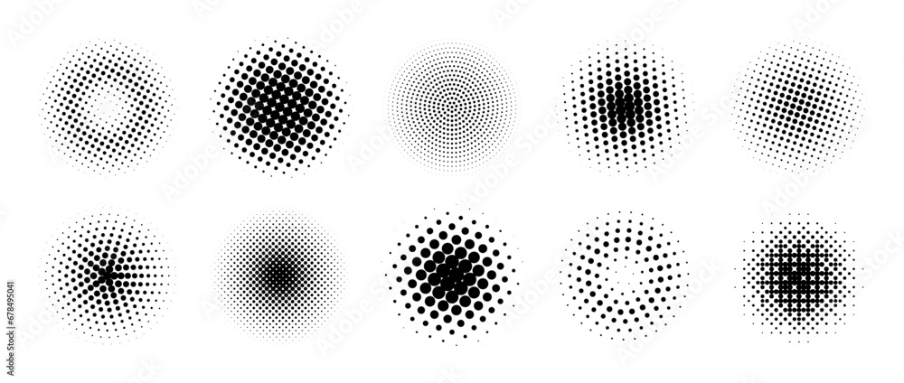 Poster halftone gradient circles collection. dots textured round patterns. comic radial faded background se