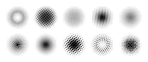 Halftone gradient circles collection. Dots textured round patterns. comic radial faded background set. Abstract pixelated elements for frame, poster, collage, banner, flyer. Vector cartoon bundle