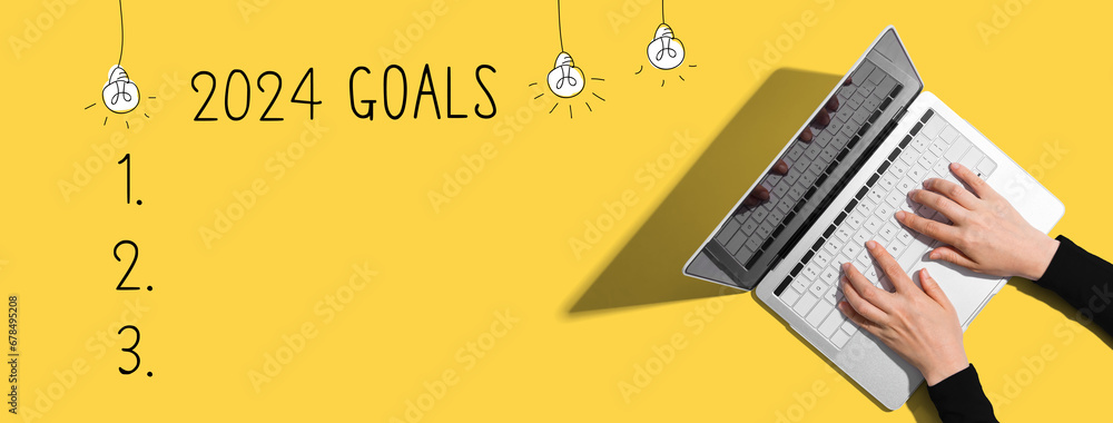 Poster 2024 goals with person using a laptop computer