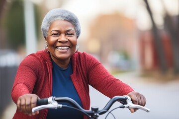 Senior woman riding a bicycle and living a healthy lifestyle for longevity - obrazy, fototapety, plakaty