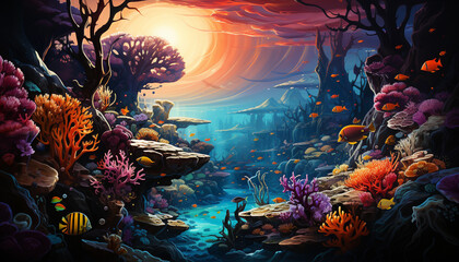 Fototapeta na wymiar Colorful fish swim in a vibrant underwater coral reef landscape generated by AI