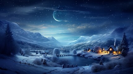 a scene that encapsulates the quiet beauty of a winter night, with snowflakes gently blanketing a peaceful countryside