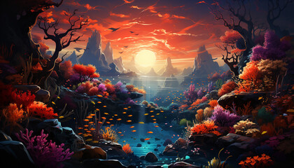 Obraz na płótnie Canvas Underwater fantasy multi colored fish swim in a spooky reef generated by AI