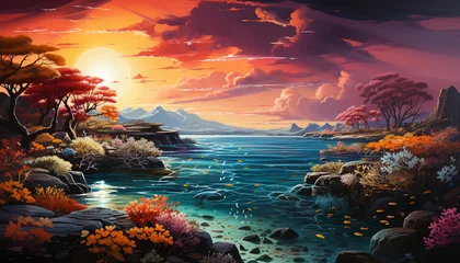 Foto op Canvas A colorful underwater landscape with fish, coral, and a sunset generated by AI © Stockgiu
