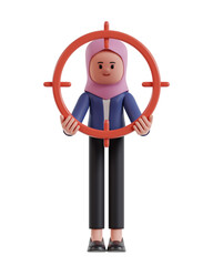 3d illustration of Cartoon cute Businesswoman with hijab holding target aiming scope