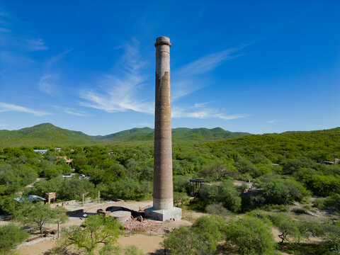 Aerial drone view of the old &ldquo;La Ramona&rdquo; chimney in El Triunfo, Baja California Sur, Mexico