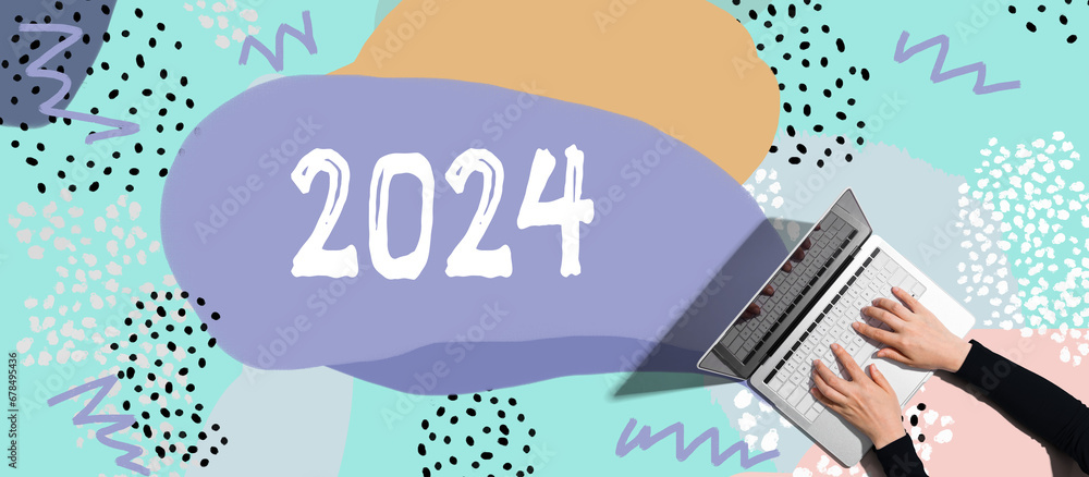 Poster 2024 new year concept with person using a laptop computer