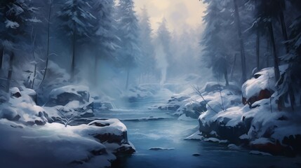 A secluded hot spring hidden in a snowy forest, steam rising gently in the cold air, creating a sense of natural serenity