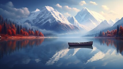A serene lake reflecting the snow-capped peaks of a distant mountain range, with a lone rowboat drifting peacefully on the water - obrazy, fototapety, plakaty