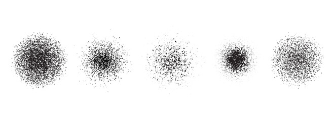 Stippled radial brush stroke set. Grain dotted gradient collection. Grunge sprinkle spray texture. Dirty dust sand noise round elements. Splattered dotted overlay. Grungy splashed stains spots vector