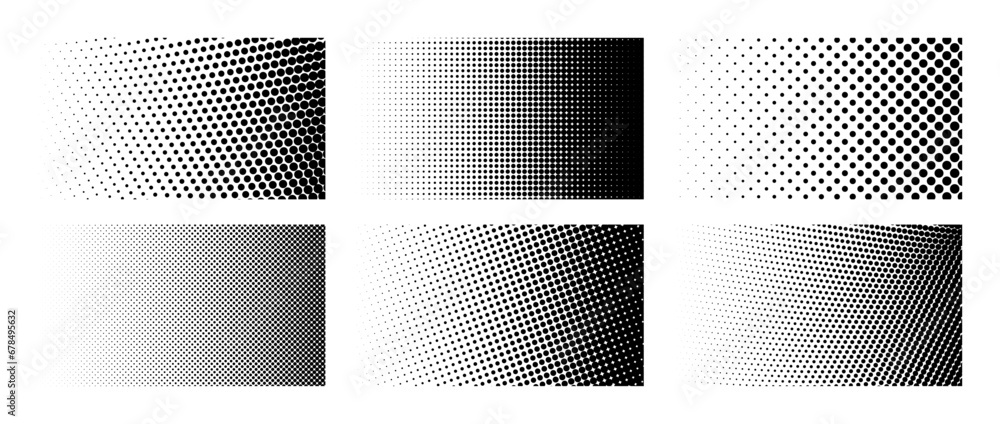 Poster set of different halftone gradient backgrounds. cartoon dots texture wallpaper collection. black and