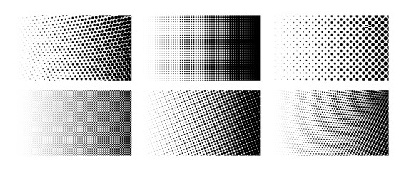 Set of different halftone gradient backgrounds. Cartoon dots texture wallpaper collection. Black and white comic design cover pack for banner, poster, print. Pop art dotted vector illustration bundle - obrazy, fototapety, plakaty