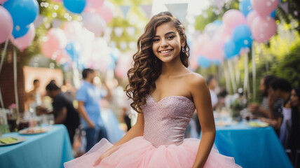 Pretty girl posing on her fifteenth birthday. Quinceañera (Quinceanera) celebration.