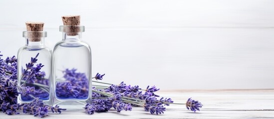 Obraz na płótnie Canvas Herbal medicine concept portrayed by lavender branches blue medical tincture and white wooden background
