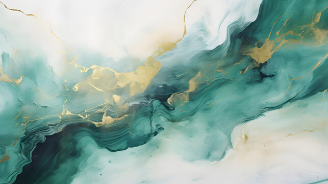 Abstract rough green white gold art painting marble texture. generative AI. - Powered by Adobe