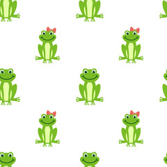 Vector Seamless pattern with cartoon green frog isolated on white background. Frogs boy and girl with bow sit and smile.