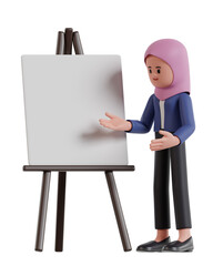 3d Illustration of Cartoon Businesswoman with hijab Presentation with white Board