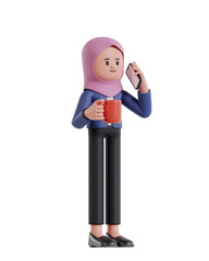 3d Illustration of Cartoon Businesswoman with hijab holding coffee cup and talking on cell phone