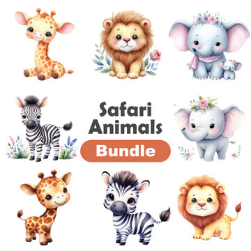 Watercolor Safari Animals Bundle, Cute Baby Shower Nursery Decor, commercial use Digital Download for Scrapbooking Party Decorations