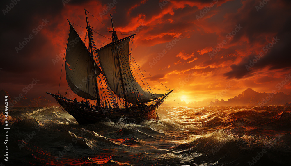 Poster sailing ship sails on sunset waves, transporting adventure seekers generated by ai