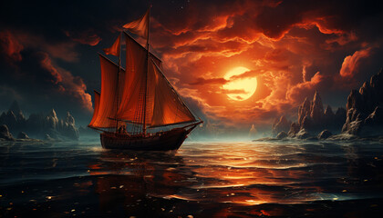 Sailboat sails into sunset, a nautical adventure on the sea generated by AI