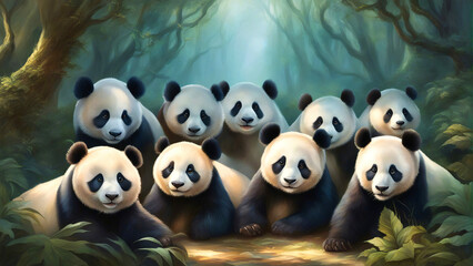 Group of giant pandas in the forest.
