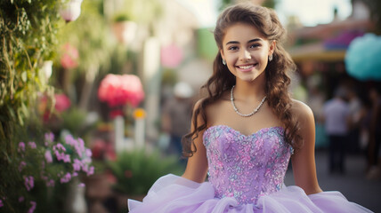 Pretty girl posing on her fifteenth birthday. Quinceañera (Quinceanera) celebration.