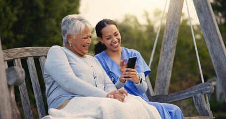 Outdoor, bench and nurse with senior woman, cellphone and connection with social media,...