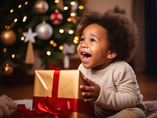 Fototapeta na wymiar A child was happy to receive presents at Christmas