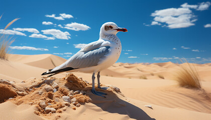 Fototapeta premium Seagull flying over sand dune, coastline, Africa, natural beauty generated by AI