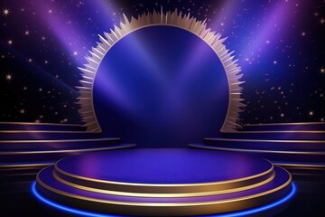 Golden Black Purple Award Background. Jubilee Night Decorative Invitation. Trophy on Stage platform with spotlight. Wedding Entertainment Hollywood Bollywood Night. Elegant Luxury Steps Floor.