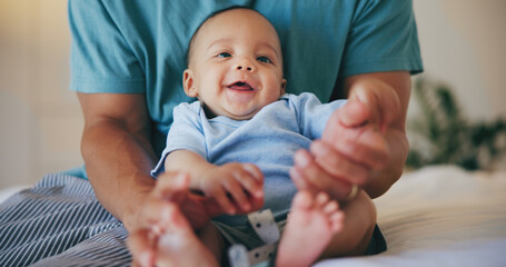 Happy baby, father and bed with cute smile in relax for morning, playing or wakeup at home...