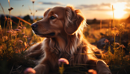 Cute puppy sitting in grass, looking at sunset outdoors generated by AI