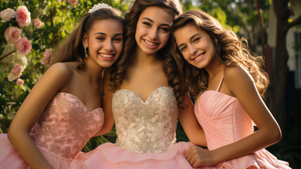 Pretty girl posing on her fifteenth birthday. Quinceañera (Quinceanera) celebration.