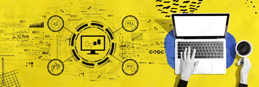 Poster stock trading theme with person using a laptop computer