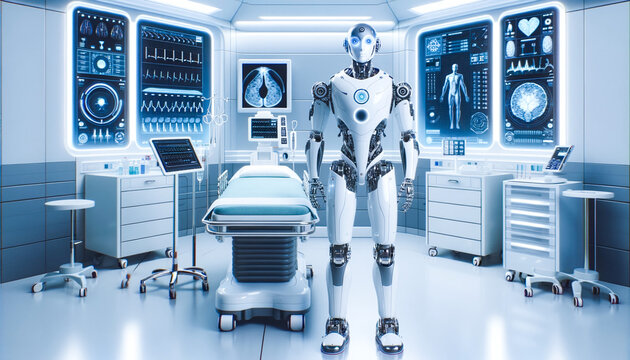 Advanced humanoid robot in a high-tech medical facility with digital screens and modern equipment. Future of healthcare. AI Generative